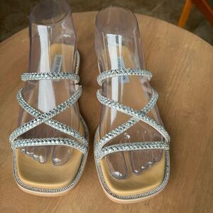 Steve Madden Spice Bling Slide Sandals Size 6 Rhinestone Silver Straps Shoes